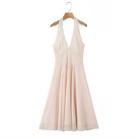 Robe Longue pour Femmes Dos Nu Halter Col en V sans Manches Élégante Rose Polyester Mousseline Été Vacances Fête