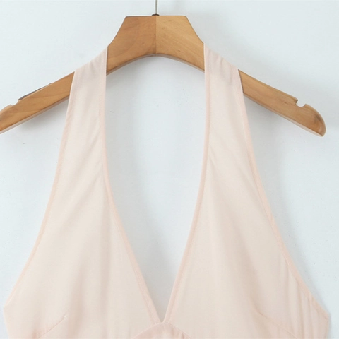 Robe Longue pour Femmes Dos Nu Halter Col en V sans Manches Élégante Rose Polyester Mousseline Été Vacances Fête