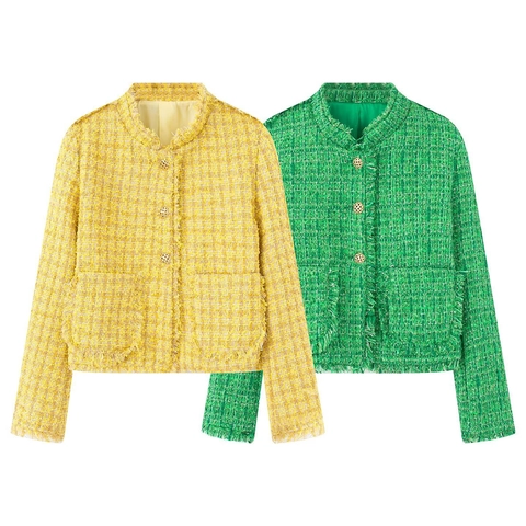 Women Elegant Tweed Jacket Round Neck Fringe Trim Button Down Sophisticated Office Outerwear Long Sleeve Short Coat