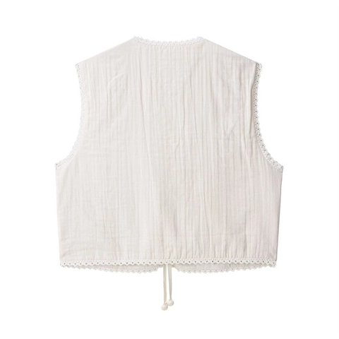 Damen Vintage Blumenstickerei Weste Spitzenbesatz Bindedesign Off-White Pastoral Stil Polyester Ärmellos Weste Herbst Top