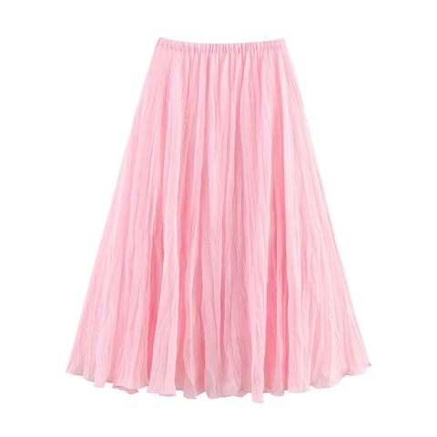 Falda Midi Plisada Elegante para Mujer Cintura Alta Elástica Línea A Fluida Efecto Gasa Color Sólido Casual Fiesta Moda