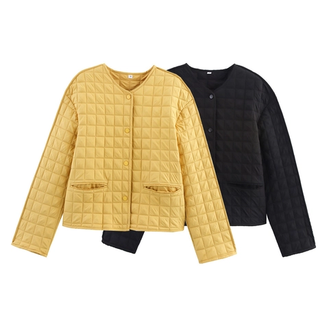 Women Casual Quilted Padded Jacket Round Neck Loose Long Sleeve Outerwear With Pockets Solid Plaid Fashion Cotton Coat