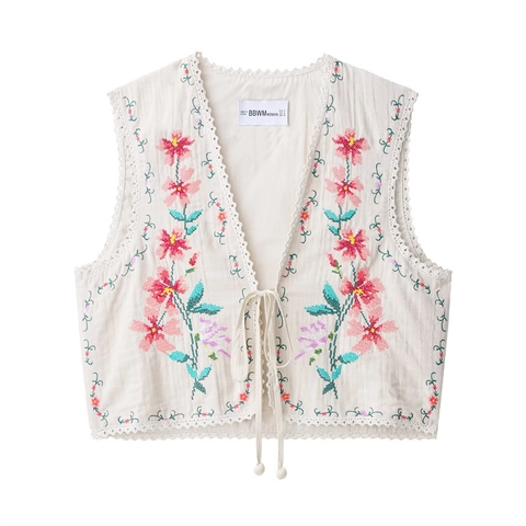 Damen Vintage Blumenstickerei Weste Spitzenbesatz Bindedesign Off-White Pastoral Stil Polyester Ärmellos Weste Herbst Top