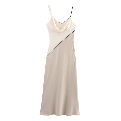 Women Asymmetric Cowl Neck Satin Patchwork Midi Dress Sexy Backless Strappy Color Block Bodycon Summer Party Elegant Dress