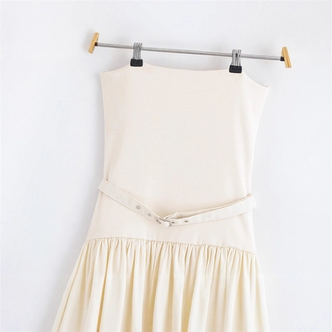 Elegante Dames Off-White Strapless Maxi Jurk Slim Fit Geplooide Mesh Jurk Met Riem Pullover Lange Jurk Voor Vakantie Dagelijks Gebruik