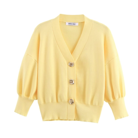 Women Casual Yellow Knit Cardigan V Neck Lantern Sleeve Solid Color Sweater With Irregular Gold Metal Buttons Top