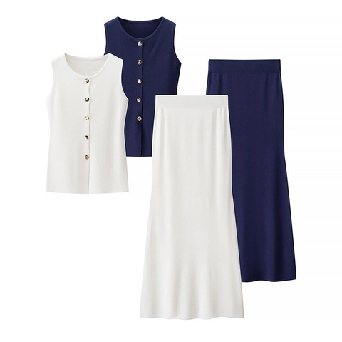 Completo Due Pezzi in Maglia da Donna Gilet Senza Maniche con Bottoni Girocollo e Gonna Midi a Vita Alta Tinta Unita Elegante
