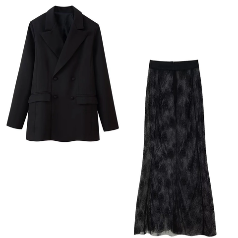 Women Elegant Double Breasted Blazer And Floral Lace Midi Skirt Two Items Business Office Streetwear Outfits