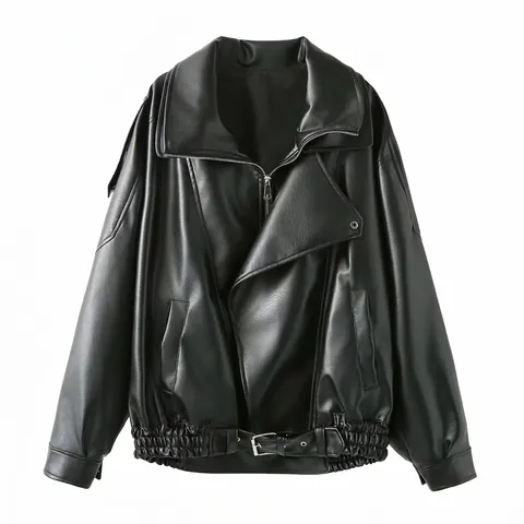 Chaqueta Moto de Cuero Sintético Suelta para Mujer Negro Oversize Abrigo Biker PU Con Cinturón Y Cremallera Asimétrica Top