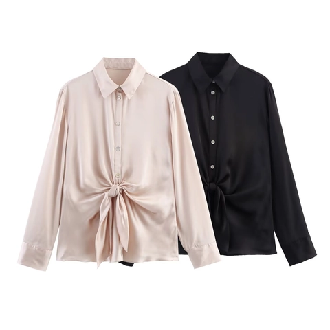 Damen Satin Knot Vorderseite Langarmhemd Elegante Bürobluse Glänzendes Seidenähnliches Button-Up-Top Einfarbig Schicke Bluse