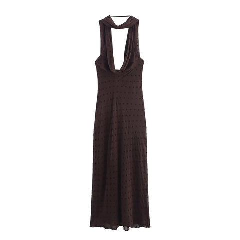 Dames Polka Dot Halter Maxi-jurk Gedrapeerde Hals Rugloos Elegant Streetwear Vakantie Chiffon Lange Jurk Met Sjaal