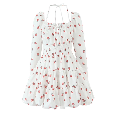 Dames Aardbei Print Pofmouwen Vierkante Hals Gelaagde Mini Jurk Cottagecore Ruffles Gesmokte Taille Zomerjurk
