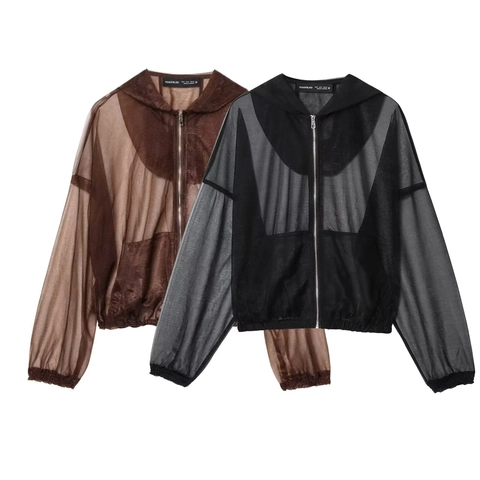Women's Casual Sheer Metallic Yarn Hooded Jacket Semi Transparent Zip Up Long Sleeve Loose Fit Thin Coat Outerwear