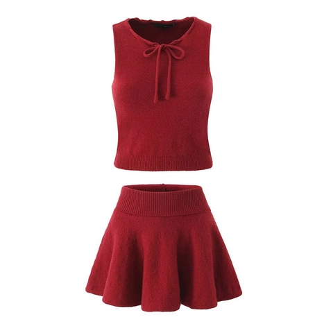 Conjunto de Falda de Dos Piezas para Mujer Chaleco de Punto Sexy Sin Mangas Cuello Redondo Con Lazo Y Minifalda Plisada Talle Alto