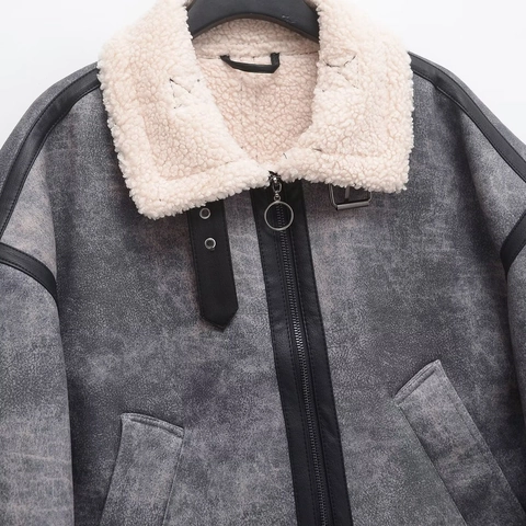 Giacca da Moto in Finta Scamosciata Donna con Fodera in Sherpa Manica Lunga Chiusura Lampo Cappotto con Cinturini a Fibbia