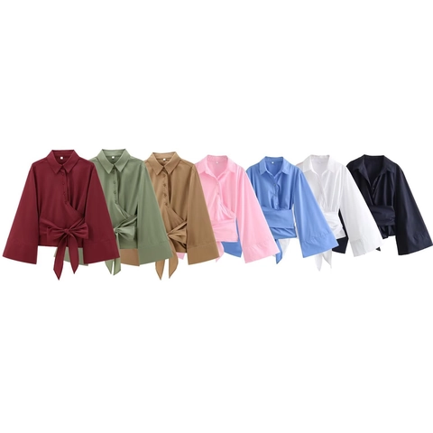 Dames Mode Strikceintuur Overslaghemd Klokmouwen Reverskraag Enkele Rij Knoppen Effen Kleur Casual Blouse met Lange Mouwen