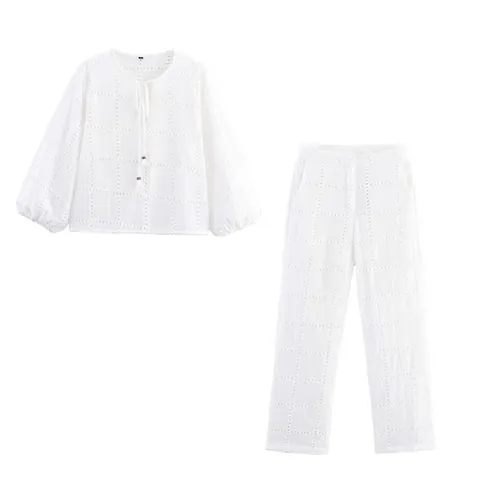 Damen Weiß Baumwollmischung Hohlstickerei Langarm Top Zum Binden Und Hohe Taille Gerade Lange Hose Für Den Urlaub