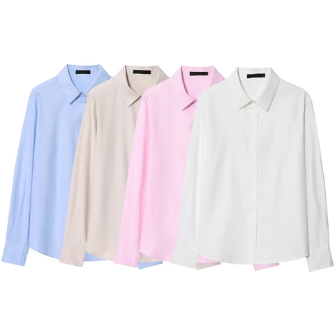 Camicia da Donna Elegante con Rever a Manica Lunga Monopetto Camicetta Casual Tinta Unita Top da Ufficio Professionale
