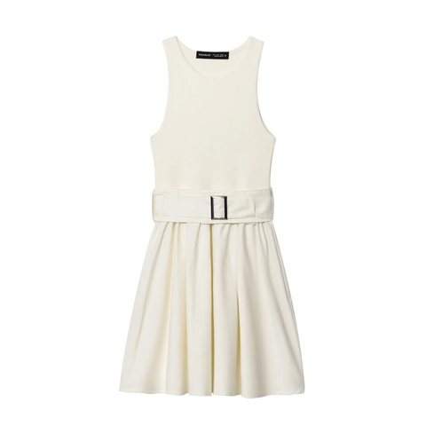 Abito Midi da Donna Senza Maniche a Costine Con Pannelli e Cintura Girocollo Elegante Bianco Avorio Streetwear Festa