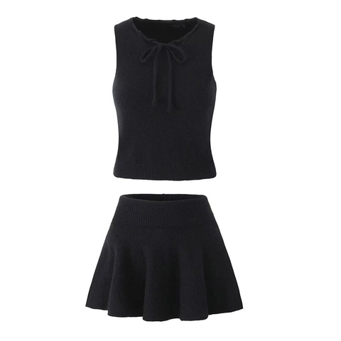 Conjunto de Falda de Dos Piezas para Mujer Chaleco de Punto Sexy Sin Mangas Cuello Redondo Con Lazo Y Minifalda Plisada Talle Alto