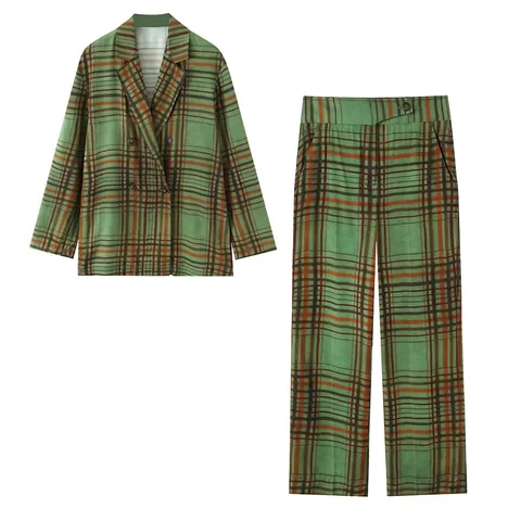 Giacca Blazer Plaid Vintage Pantaloni a Gamba Larga a Vita Alta per Donna Completi Casual da Ufficio Stile Britannico