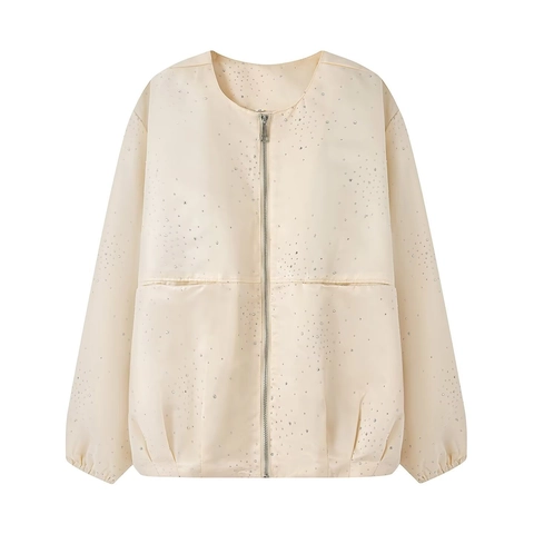 Women Casual Rhinestone Baseball Jacket Elegant Round Neck Long Sleeve Zipper Bomber Outerwear Solid Beige Loose Fit Coat