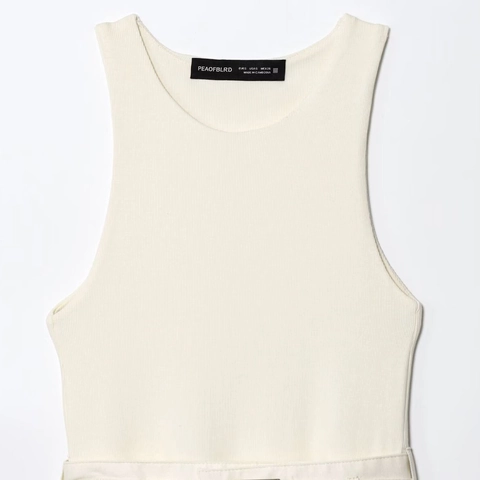 Abito Midi da Donna Senza Maniche a Costine Con Pannelli e Cintura Girocollo Elegante Bianco Avorio Streetwear Festa