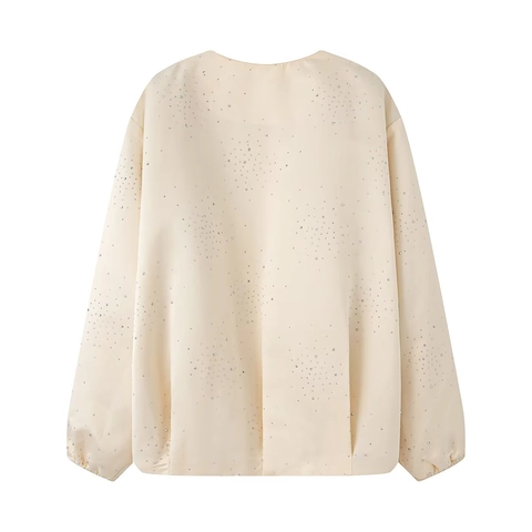 Chaqueta de Béisbol Elegante para Mujer con Cuello Redondo de Satén Holgada Cremallera Manga Larga Bomber Abrigo Streetwear Casual