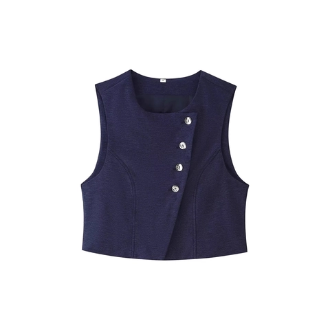 Dames Marineblauw Asymmetrisch Vest Ronde Hals Slim Fit Mouwloze Gilet Met Metalen Knopen Elegante Kantoorkleding
