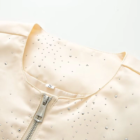 Women Round Neck Rhinestone Jacket Loose Long Sleeve Zipper Coat Beige Sparkly Outerwear Fashion Streetwear