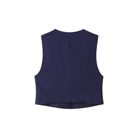 Dames Marineblauw Asymmetrisch Vest Ronde Hals Slim Fit Mouwloze Gilet Met Metalen Knopen Elegante Kantoorkleding