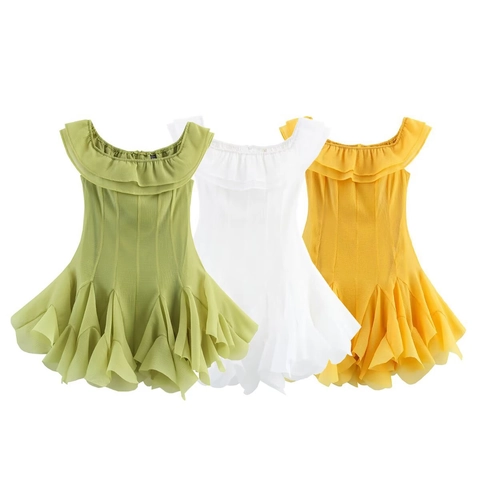 Women Off Shoulder Ruffle Mini Dress Sleeveless Solid Color Polyester Layered A Line Party Dress For Summer Vacation
