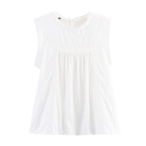 Damen Casual Baumwollmischung Ärmelloses Oberteil Weiß Lochstickerei Top Mit Spitzenbesatz Rundhals Rüschensaum Weste Tank