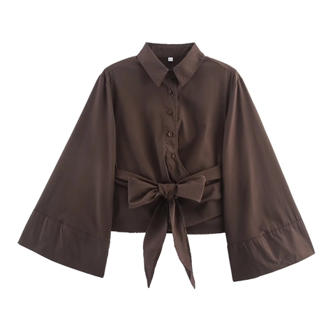 Dames Mode Strikceintuur Overslaghemd Klokmouwen Reverskraag Enkele Rij Knoppen Effen Kleur Casual Blouse met Lange Mouwen