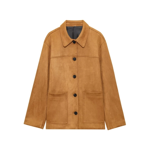 Dames Casual Bruine Suède-look Jas Losse Pasvorm Lange Mouw Omslagkraag Knoopsluiting Buitenkleding Mantel Met Zakken