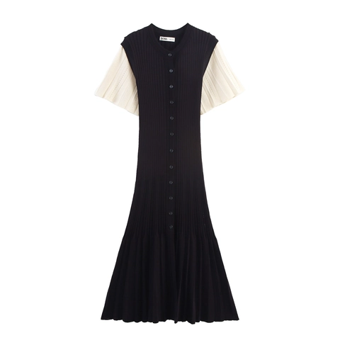 Abito Lungo in Maglia Casual da Donna Patchwork a Contrasto Monopetto a Costine Elegante Girocollo Manica Corta