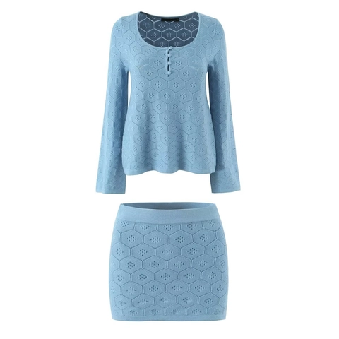 Conjunto de Top de Manga Larga y Minifalda de Punto Calado Estilo Francés Azul Claro Patrón Hexagonal Botones Decorativos