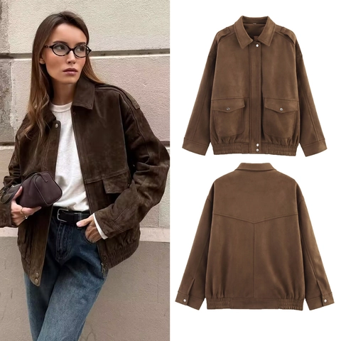 Damen Vintage Wildlederimitat Bomberjacke Lockere Passform Revers Reißverschluss Oberbekleidung Mantel Mit Taschen Street Casual