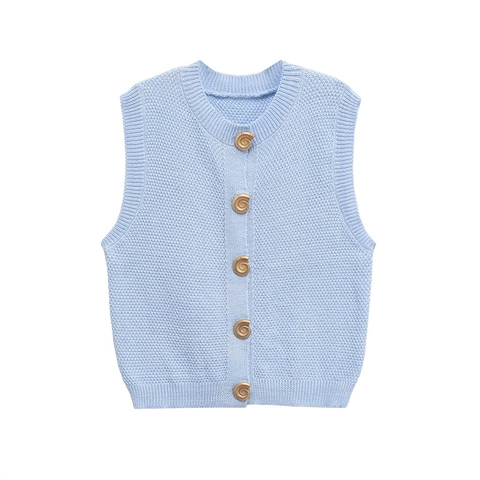 Chaleco de Punto Elegante para Mujer Cuello Redondo Sin Mangas Color Sólido Con Botones de Concha Dorados Top Moda