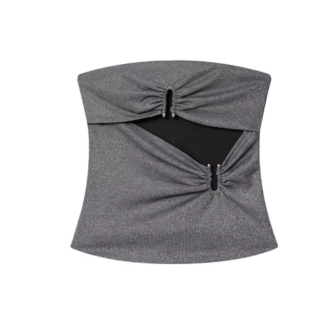 Top Tube Sexy pour Femme Ajouré Froncé Maille Métallique Sans Bretelles Crop Top Gris Argent Mode Streetwear Fête