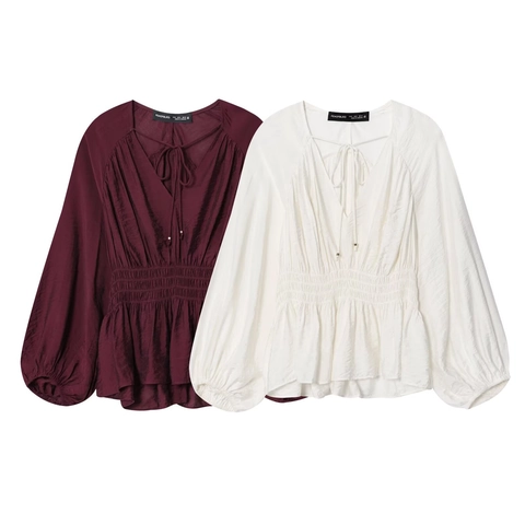 Women Elegant V Neck Smocked Waist Blouse Lantern Sleeve Tie Front Solid Color Tencel Cotton Long Sleeve Shirt Top