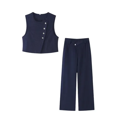 Elegante Conjunto de Mujer con Chaleco Asimétrico y Pantalón de Pata Ancha Color Sólido Top Sin Mangas y Pantalón de Talle Alto