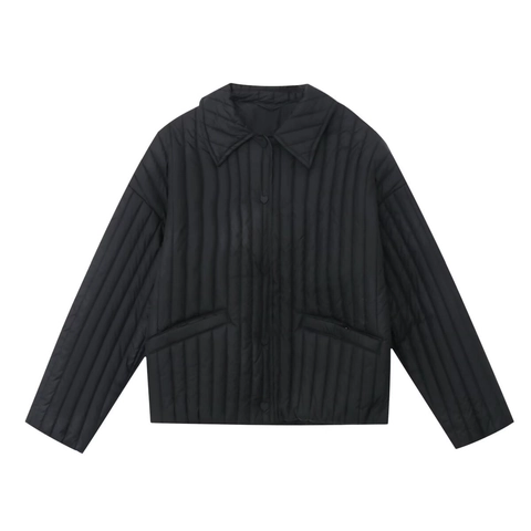 Damen Casual Vertikale Gesteppte Jacke Revers Knopf Wattierter Mantel Leichte Streetwear Einfarbige Oberbekleidung