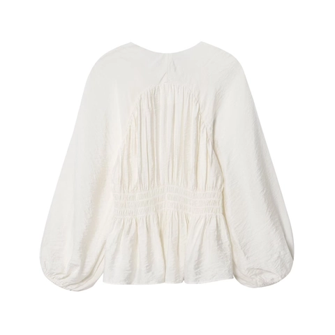 Blusa da Donna Scollo a V Vita Arricciata Maniche a Lanterna Manica Lunga Tinta Unita Elegante Plicsettata Misto Cotone Camicia