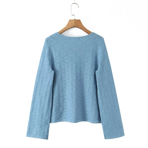 Conjunto de Top de Manga Larga y Minifalda de Punto Calado Estilo Francés Azul Claro Patrón Hexagonal Botones Decorativos
