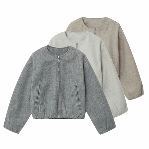 Chaqueta Casual de Cuello Redondo con Cremallera para Mujer Ajuste Holgado Color Sólido Manga Larga Abrigo Corto Otoño Streetwear