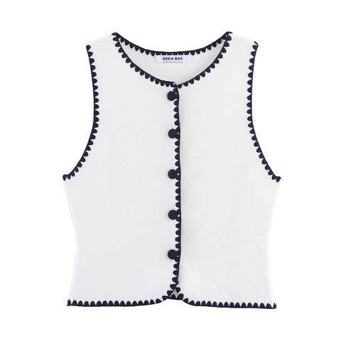 Women's Casual Knitted Vest Contrast Scalloped Trim Sleeveless Round Neck Button Down Cardigan Sweater Top For Daily Wear
