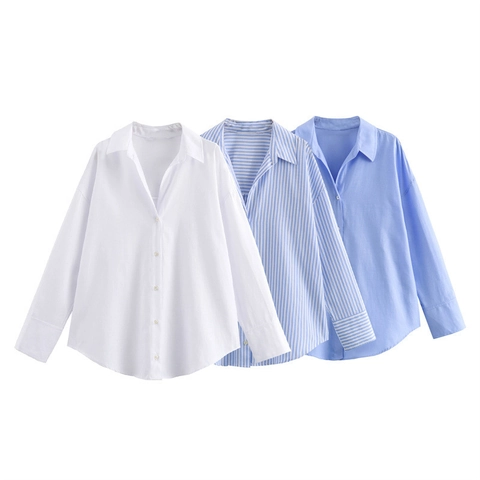 Camisa Casual de Algodón Oxford para Mujer Manga Larga Blusa Suelta con Botones Top Color Sólido Azul Blanco a Rayas Oficina