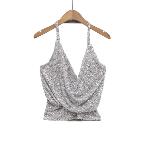 Women's Silver Sequin Halter Neck Top Backless V-Neck Slim Fit Cropped Sexy Party Vest Night Out Tank Top