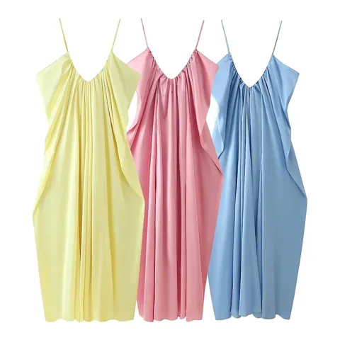 Vestido Maxi de Satén con Tirantes de Espagueti y Cuello en V para Mujer Elegante sin Mangas Color Sólido Fruncido Suelto Vestido de Fiesta de Verano
